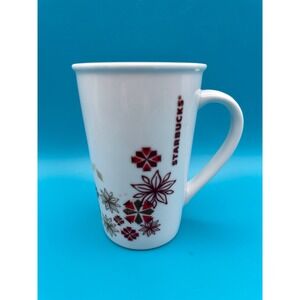 Starbucks Coffee Christmas mug cup tall 12‎ ounce mod snowflakes poinsettias